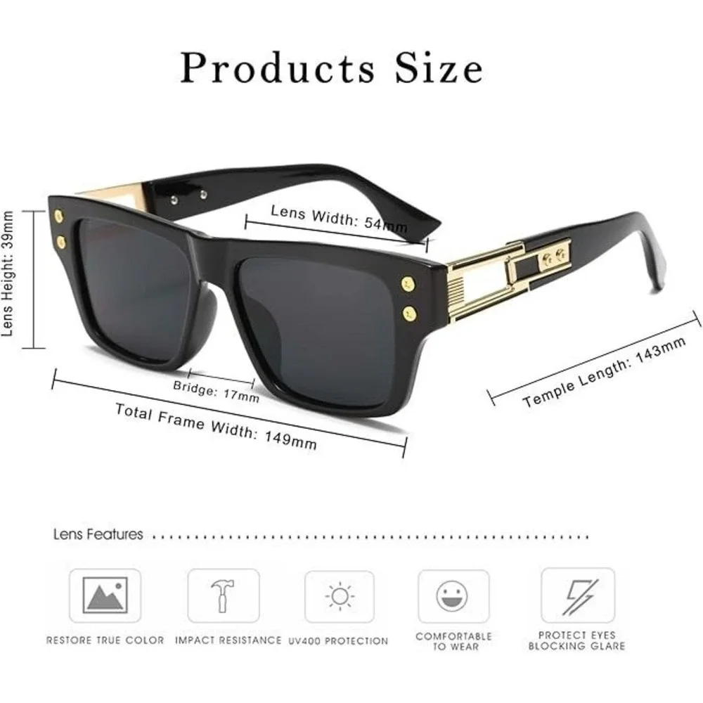 Men‎ Fashion Sunglasses Oversized Square Gold Flat Top Frame Hip Hop Fancy Black